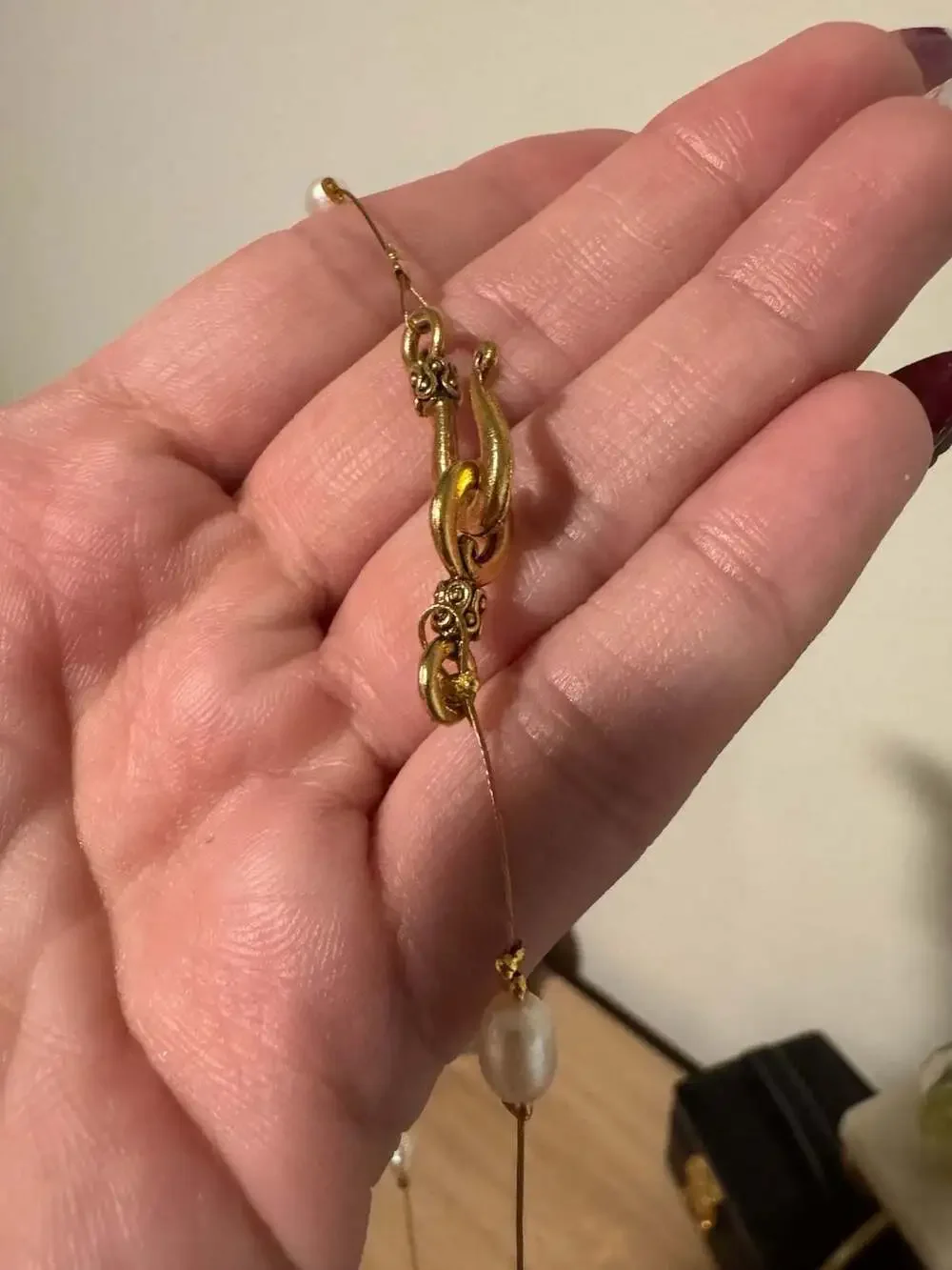 Floating Freshwater Pearl Necklace with Gold Tone Ornate Hook Clasp